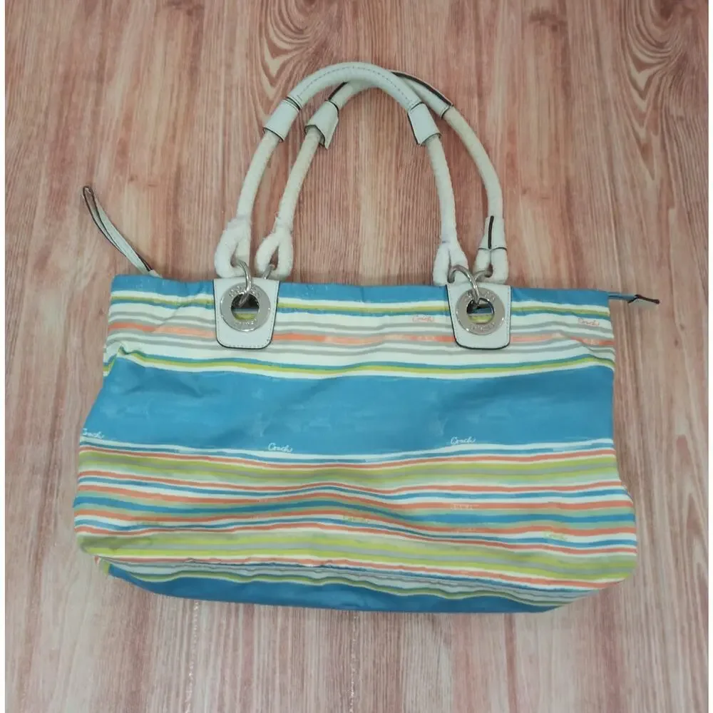 Coach Nautical Beach Multi Stripe East West Tote Bag Purse Seahorse Charm RARE